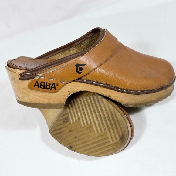 Vintage Tretorn ABBA Wooden Slippers Clogs Women 5 (35) Tan Leather Sweden 1970 - Picture 8 of 14